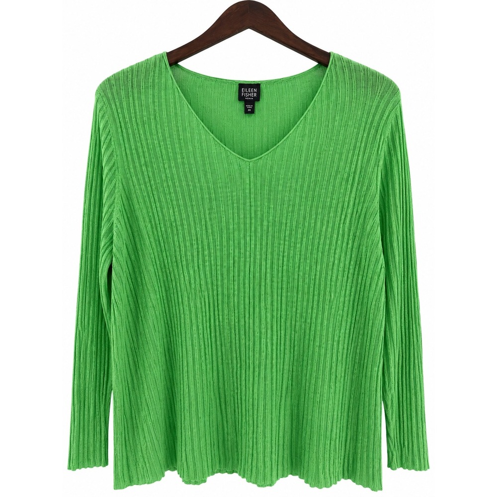 Eileen Fisher 100% Linen Ribbed Knit Sweater Top 3X Kelly Green V-Neck Long Slv